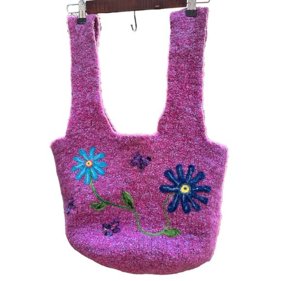 Handmade Felted Wool Knit Bucket Bag Pink Floral Embroidered Boho Purse Tote - Picture 1 of 9